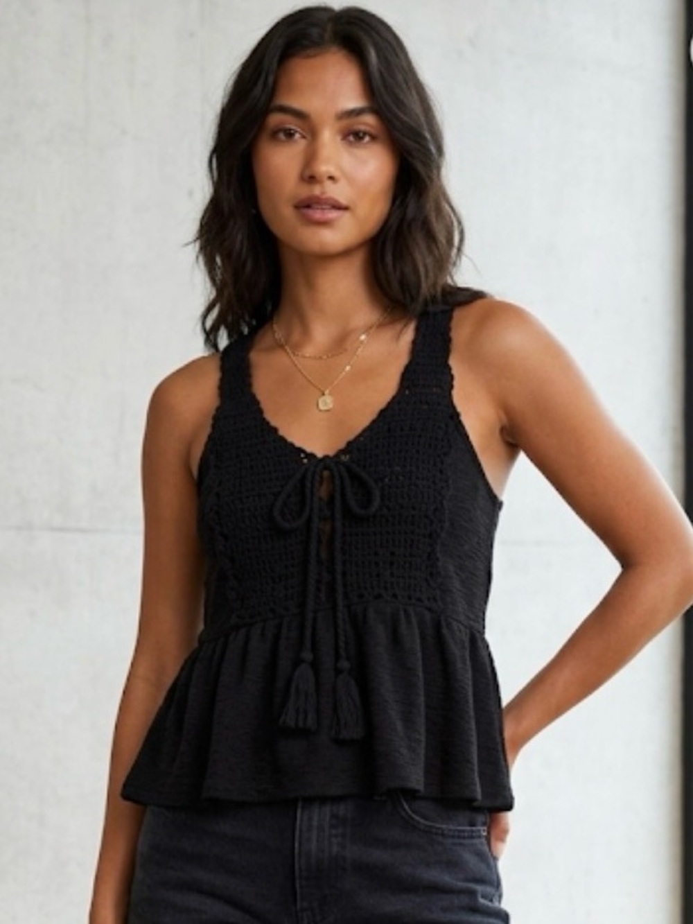 Black boho crochet peplum tank top lace bodice decorative front tie tassels S